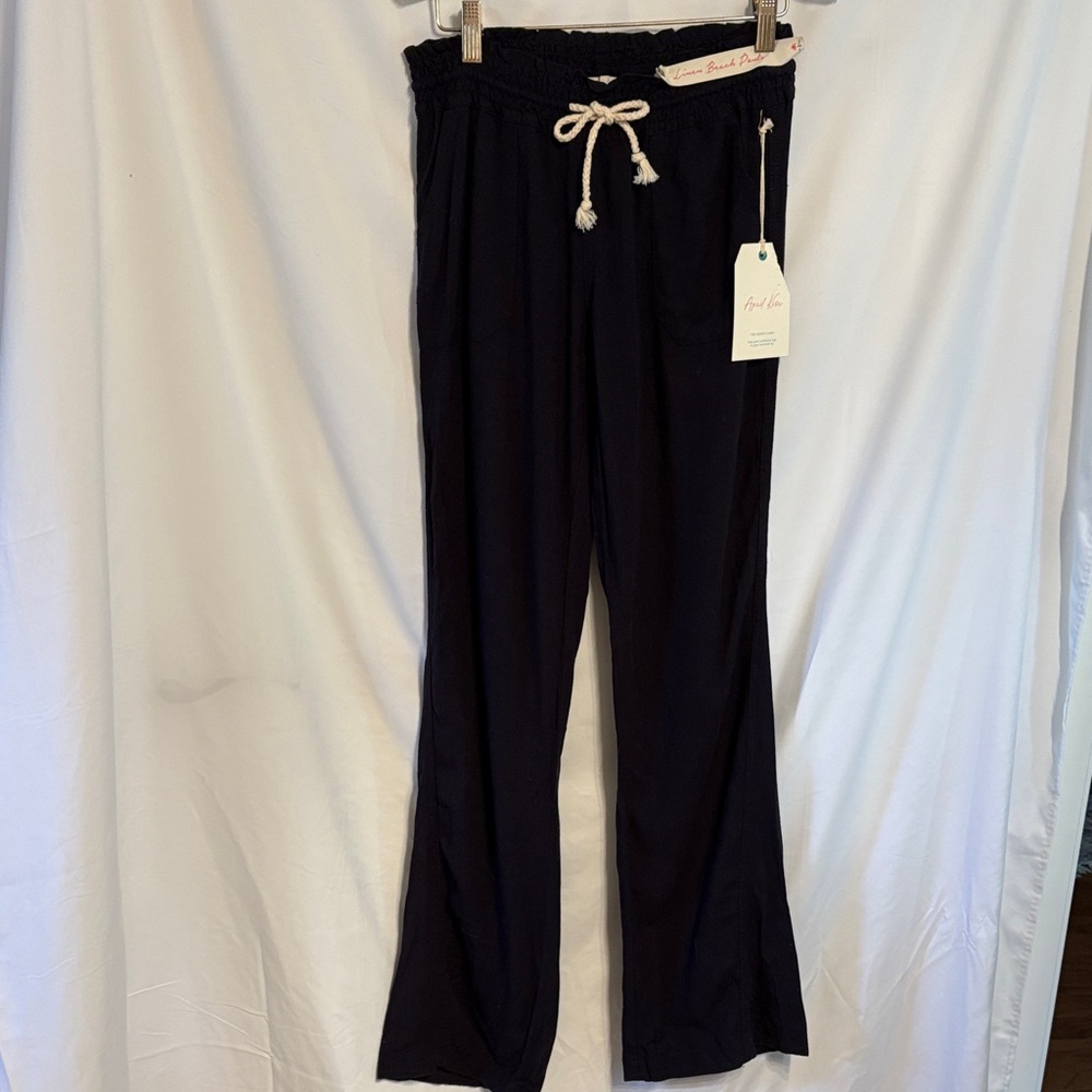 April Kiss Deep Navy Linen Wide-Leg Pants with Braided Drawstring SZ S Normcore